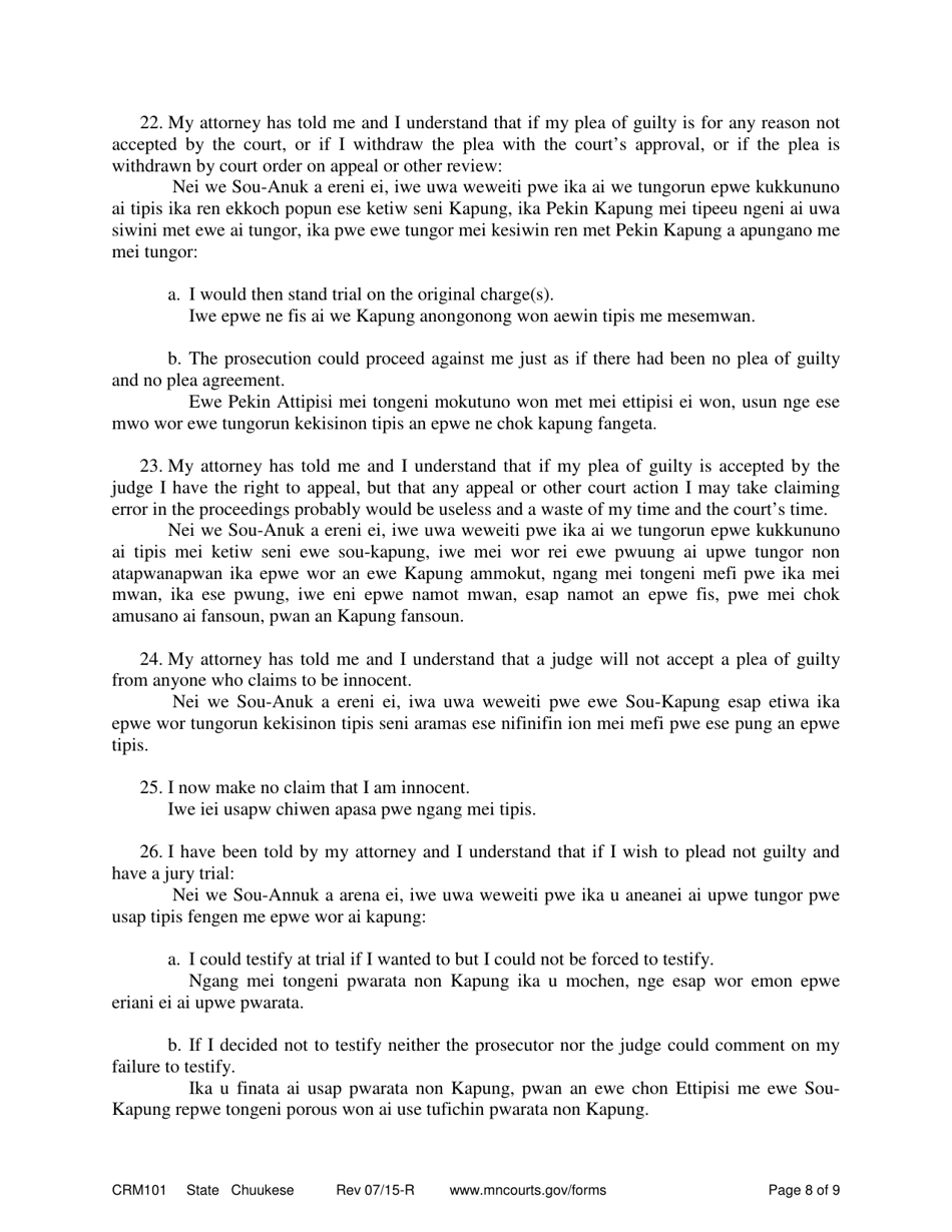 Form CRM101 Appendix A Petition to Enter Guilty Plea (Felony) - Minnesota (English / Chuukese), Page 8