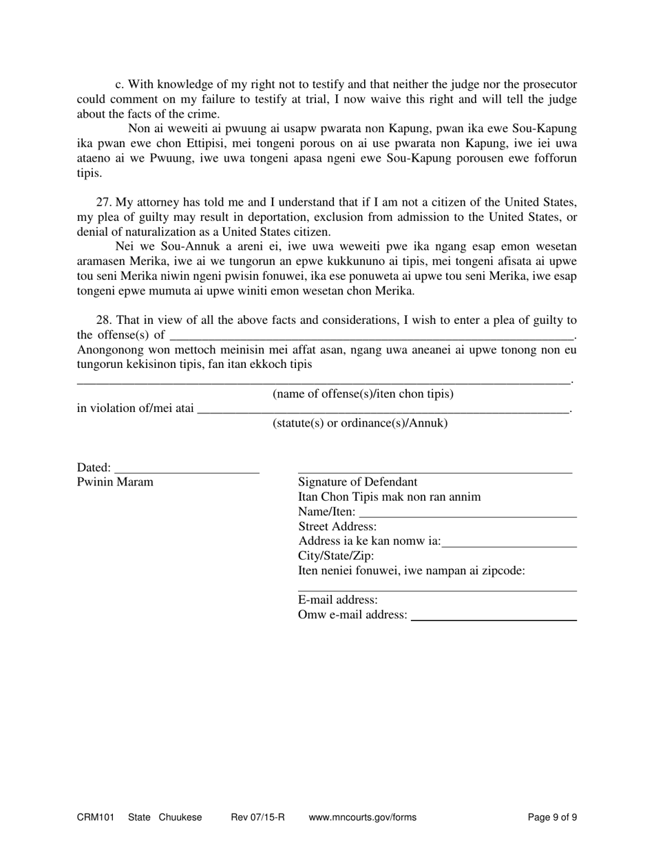 Form CRM101 Appendix A Petition to Enter Guilty Plea (Felony) - Minnesota (English / Chuukese), Page 9
