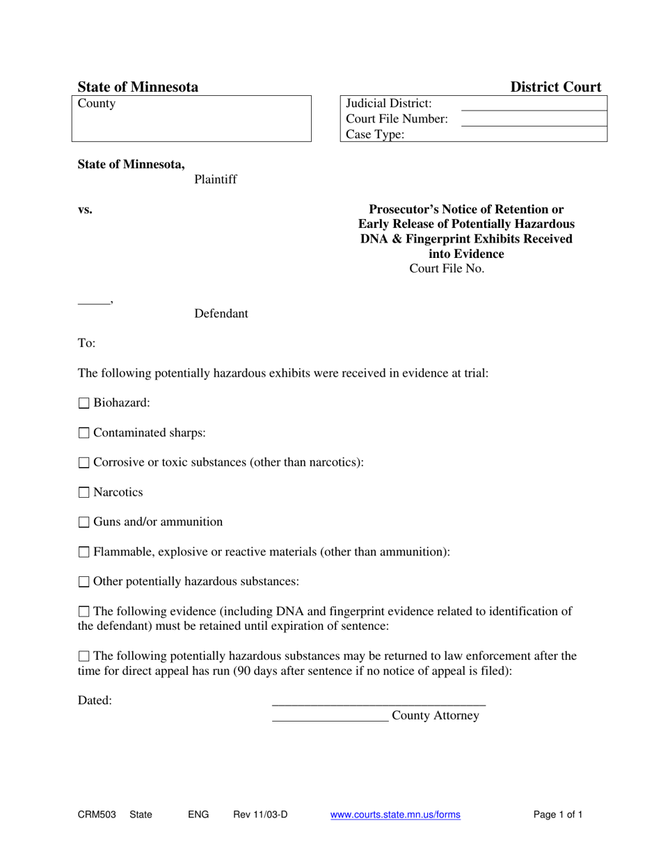 Form CRM503 Prosecutors Notice of Retention or Early Release of Hazardous Exhibits - Minnesota, Page 1