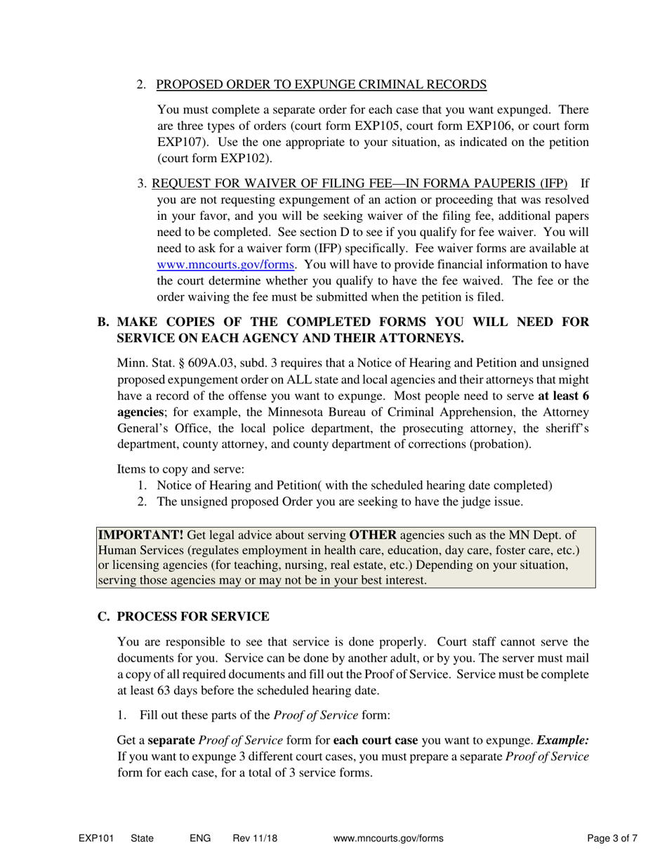 Form EXP101 Petitioners Instructions for Expungement (Sealing) of Criminal Records - Minnesota, Page 3