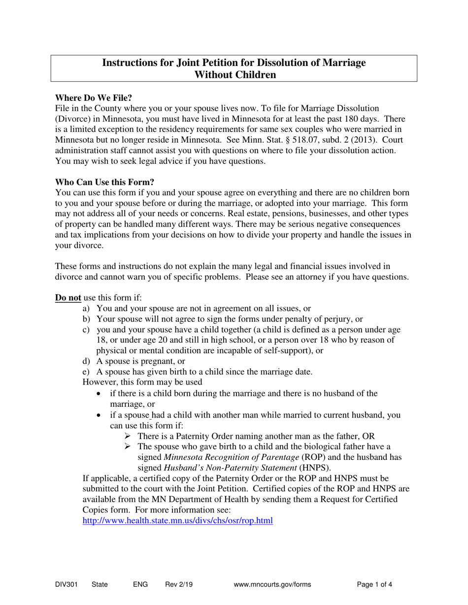 Instructions for Form DIV302 Joint Petition and Decree Without Children - Minnesota, Page 1