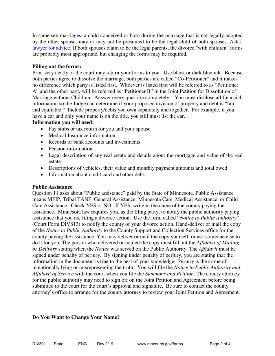 Instructions for Form DIV302 Joint Petition and Decree Without Children - Minnesota, Page 2