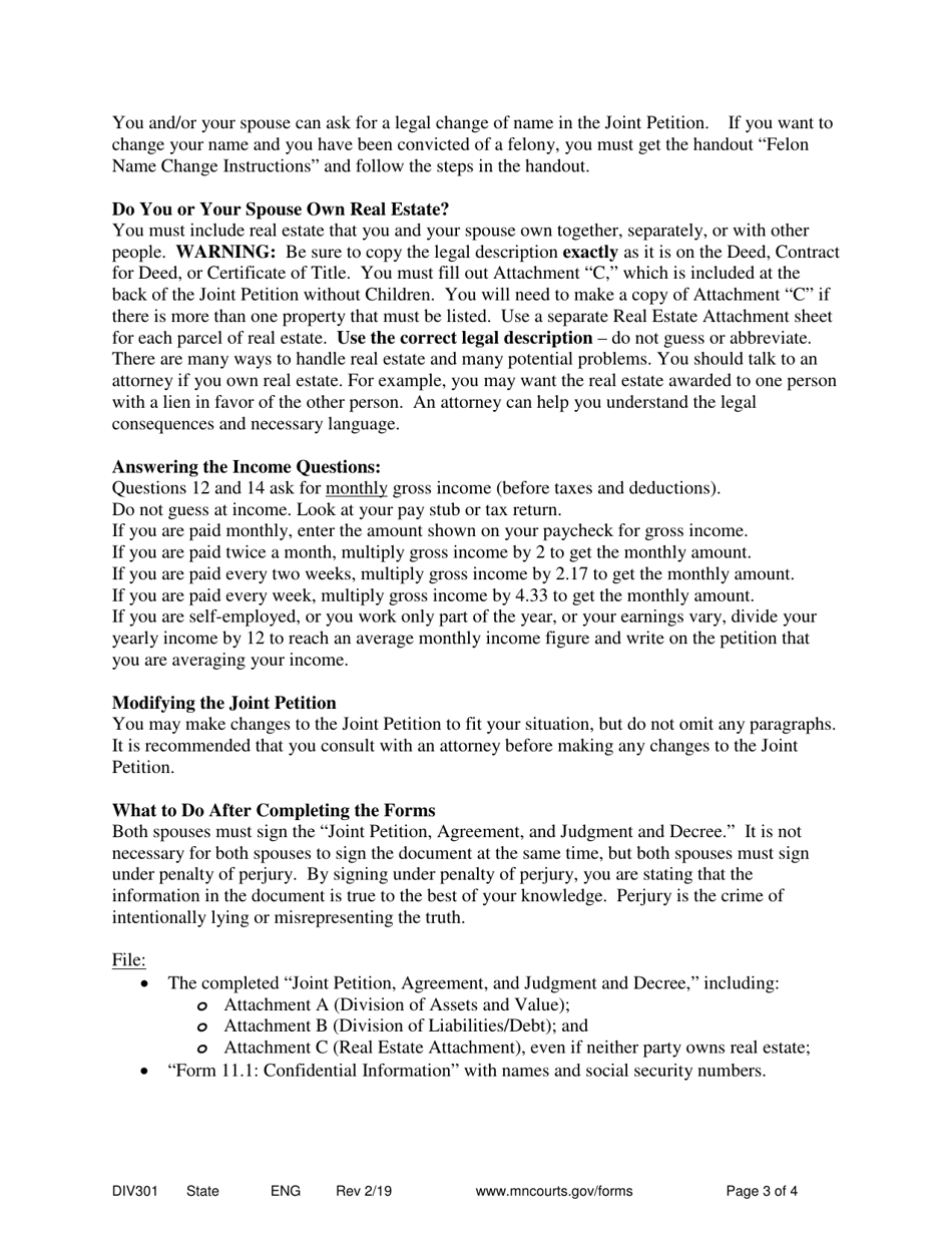Instructions for Form DIV302 Joint Petition and Decree Without Children - Minnesota, Page 3