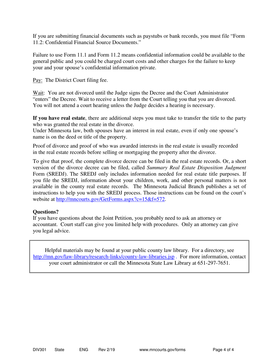 Instructions for Form DIV302 Joint Petition and Decree Without Children - Minnesota, Page 4