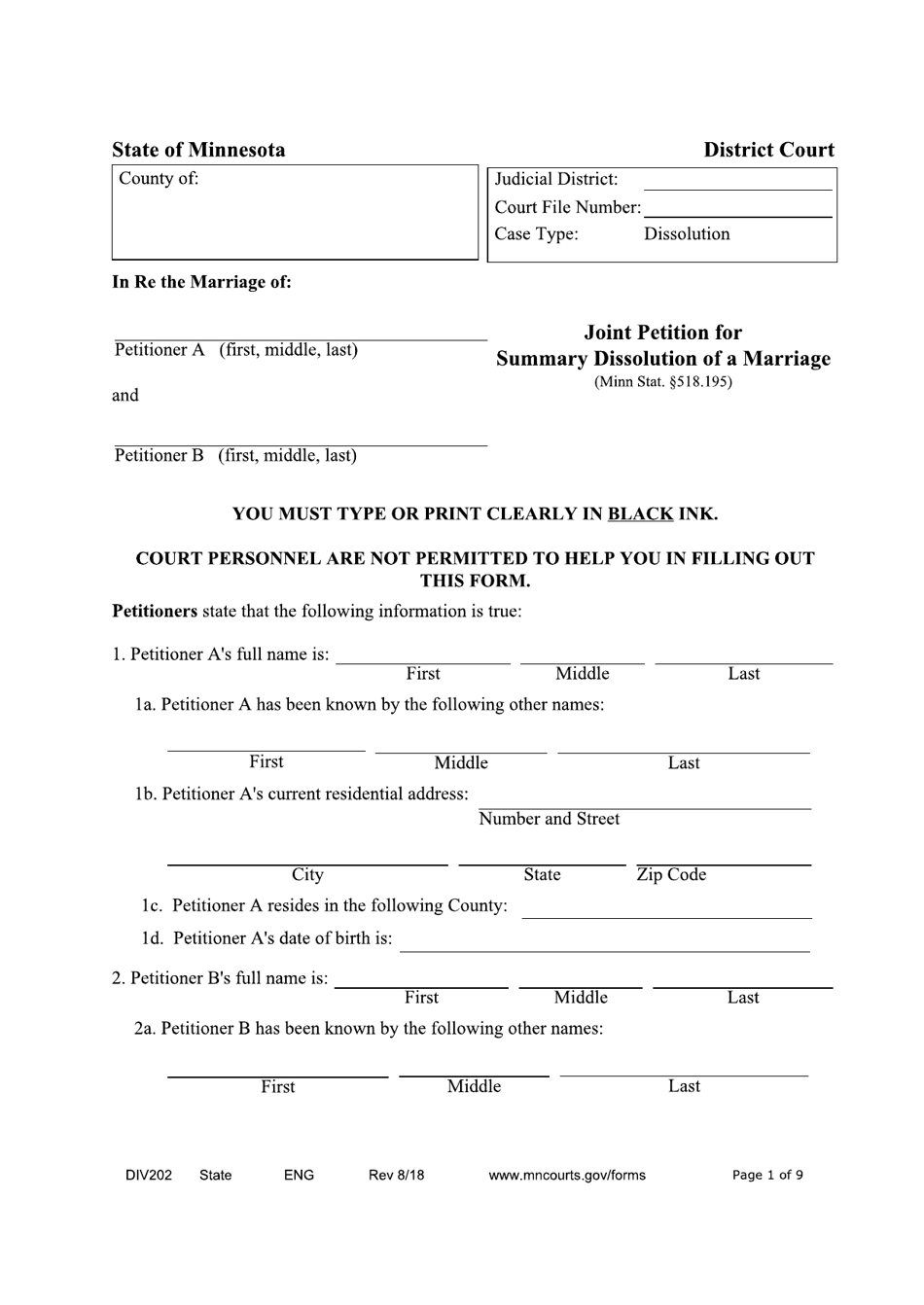 Form DIV202 Joint Petition for Summary Dissolution of a Marriage - Minnesota, Page 1