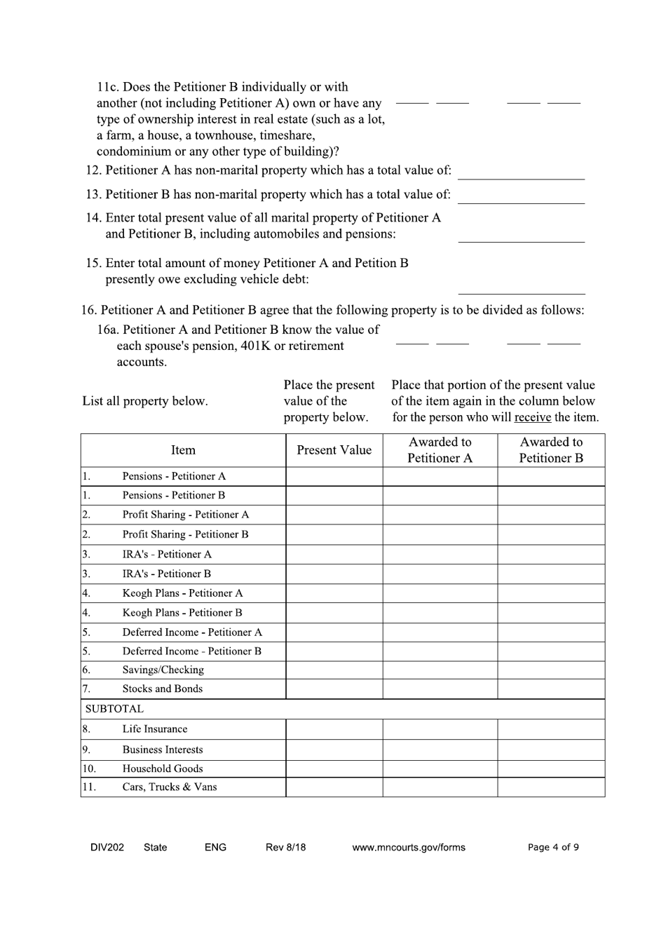 Form DIV202 Joint Petition for Summary Dissolution of a Marriage - Minnesota, Page 4