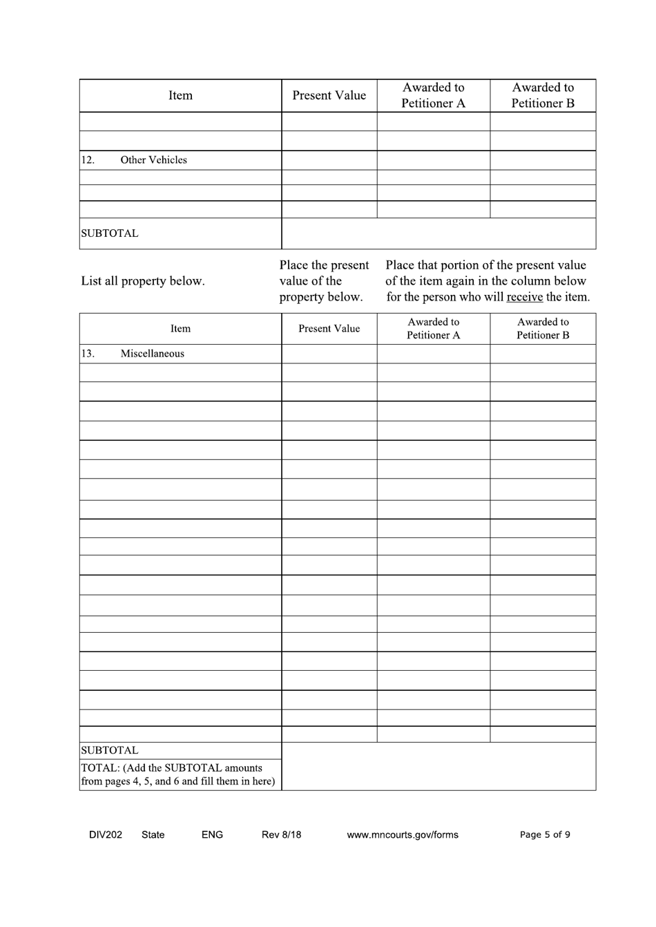 Form DIV202 Joint Petition for Summary Dissolution of a Marriage - Minnesota, Page 5