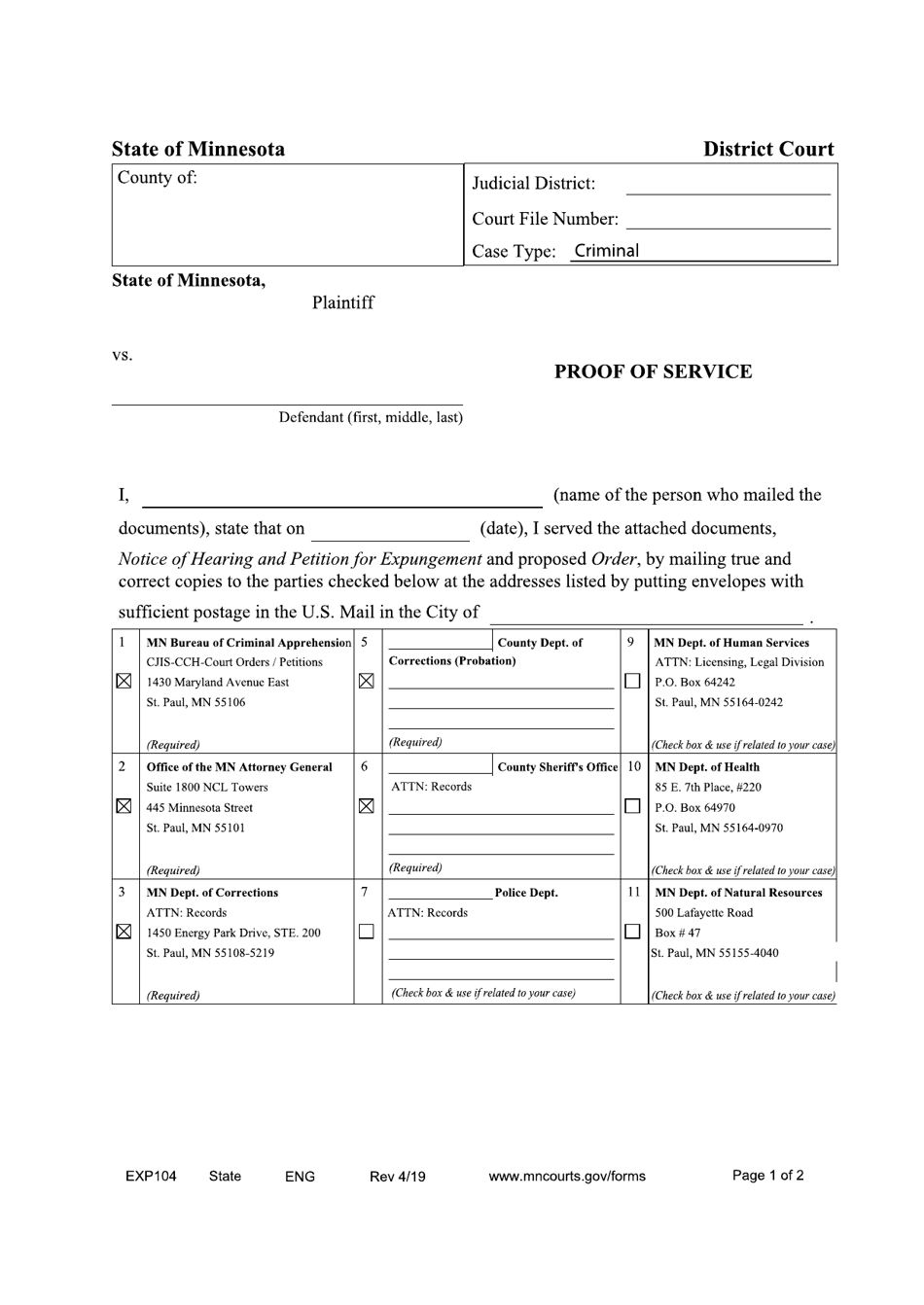 Form EXP104 Proof of Service - Minnesota, Page 1