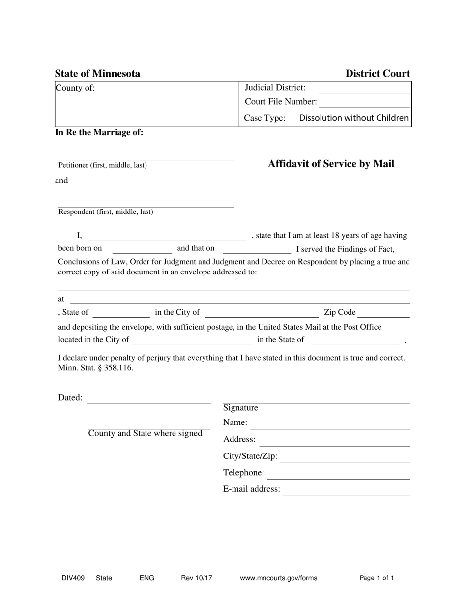 Form DIV409 Affidavit of Service by Mail - Minnesota, Page 1