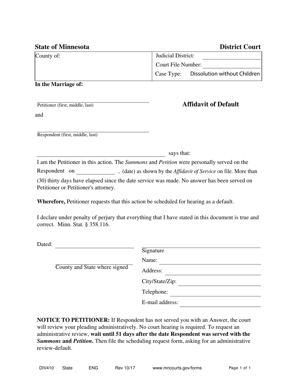 Form DIV410 Affidavit of Default - Minnesota, Page 1