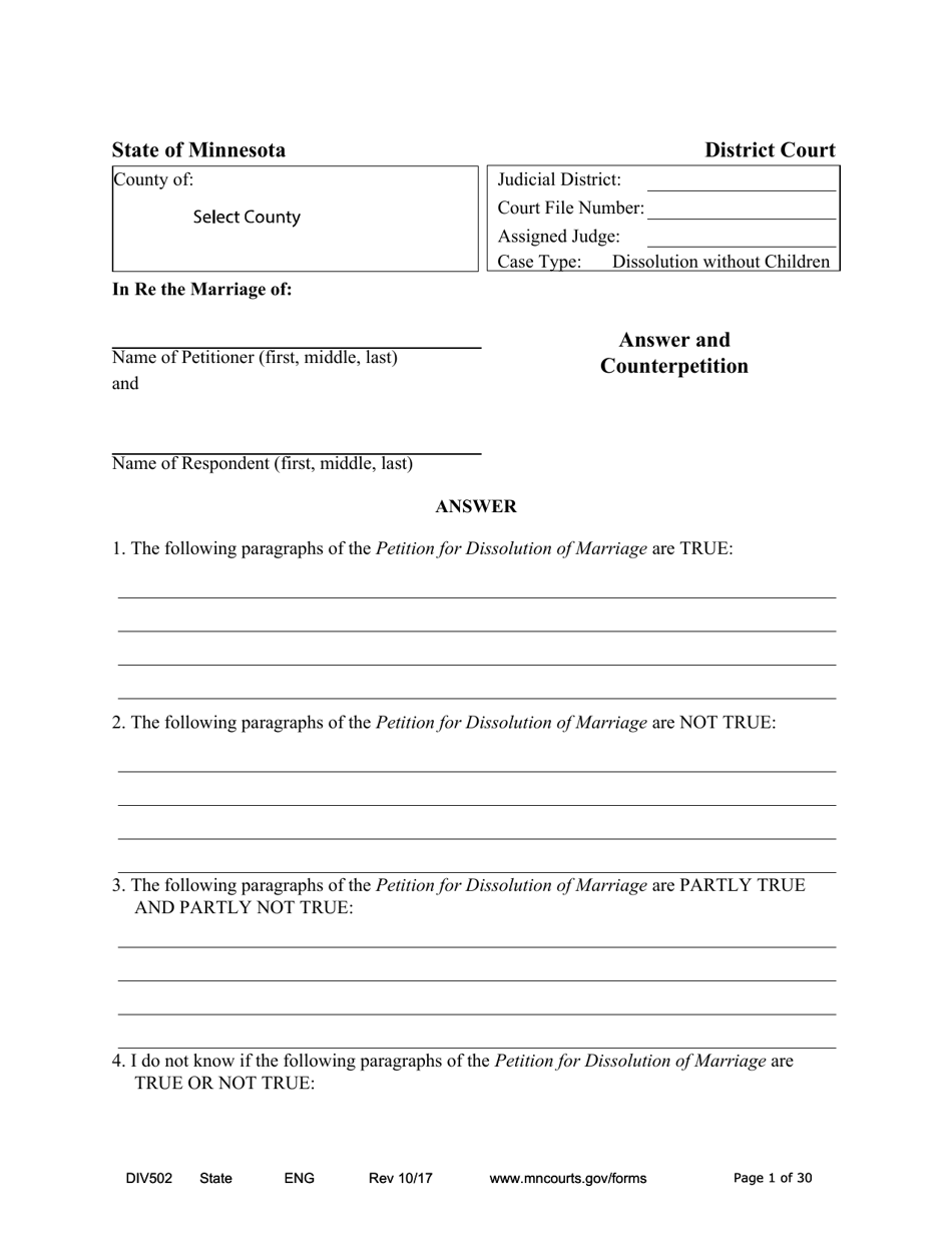 Form DIV502 Answer and Counterpetition - Minnesota, Page 1