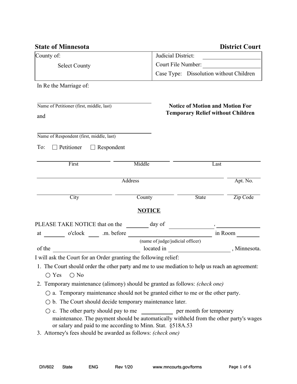 Form DIV602 Notice of Motion and Motion for Temporary Relief Without Children - Minnesota, Page 1