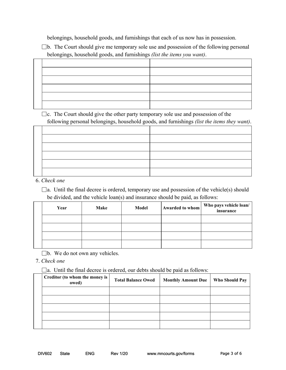 Form DIV602 Notice of Motion and Motion for Temporary Relief Without Children - Minnesota, Page 3