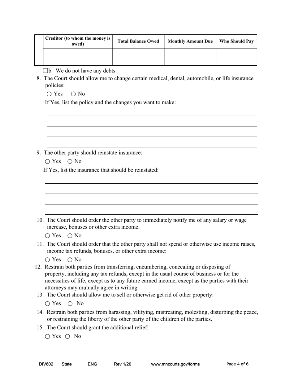 Form DIV602 Notice of Motion and Motion for Temporary Relief Without Children - Minnesota, Page 4