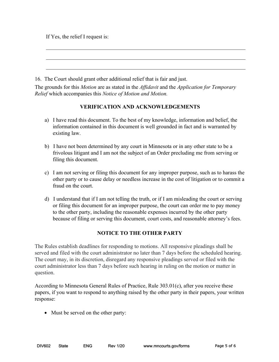 Form DIV602 Notice of Motion and Motion for Temporary Relief Without Children - Minnesota, Page 5