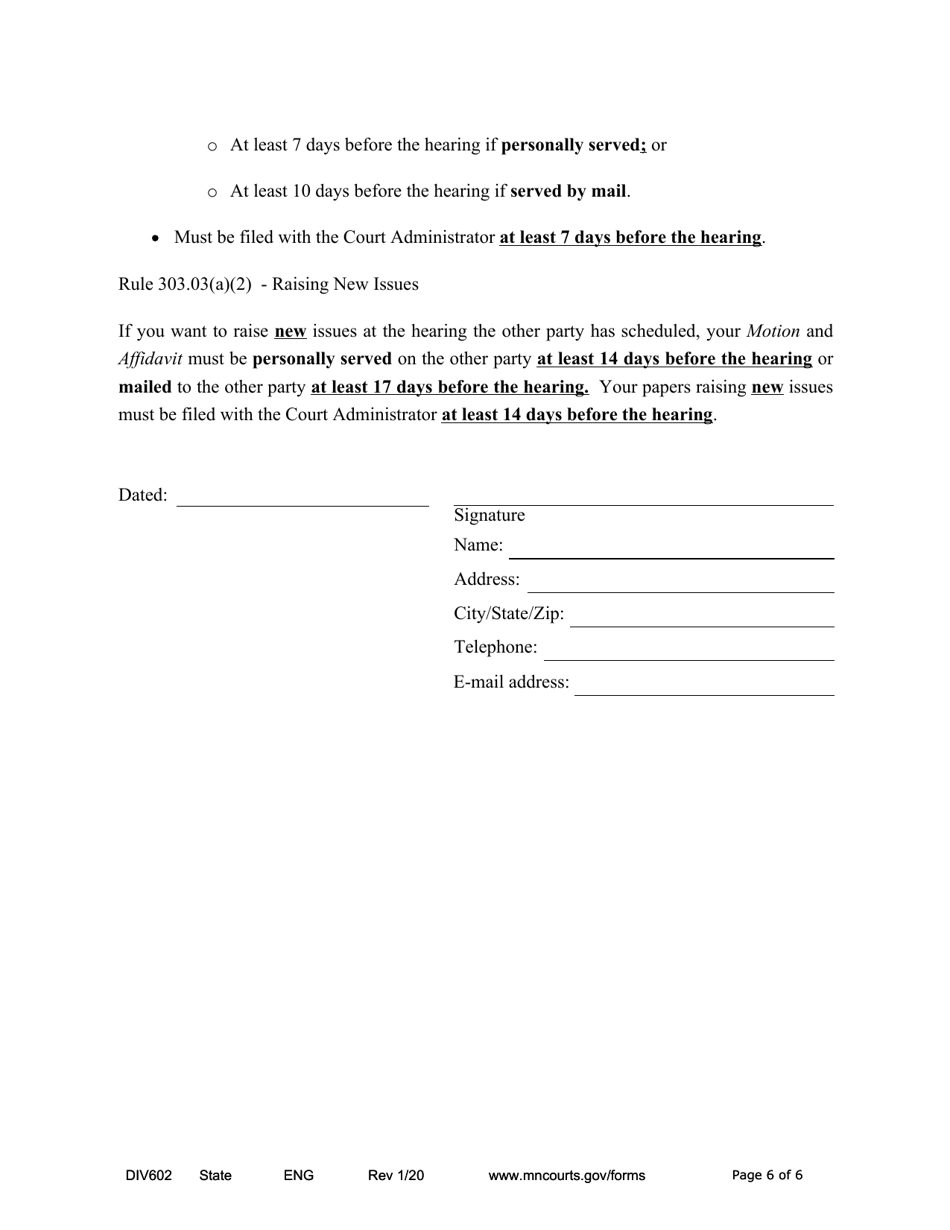 Form DIV602 Notice of Motion and Motion for Temporary Relief Without Children - Minnesota, Page 6