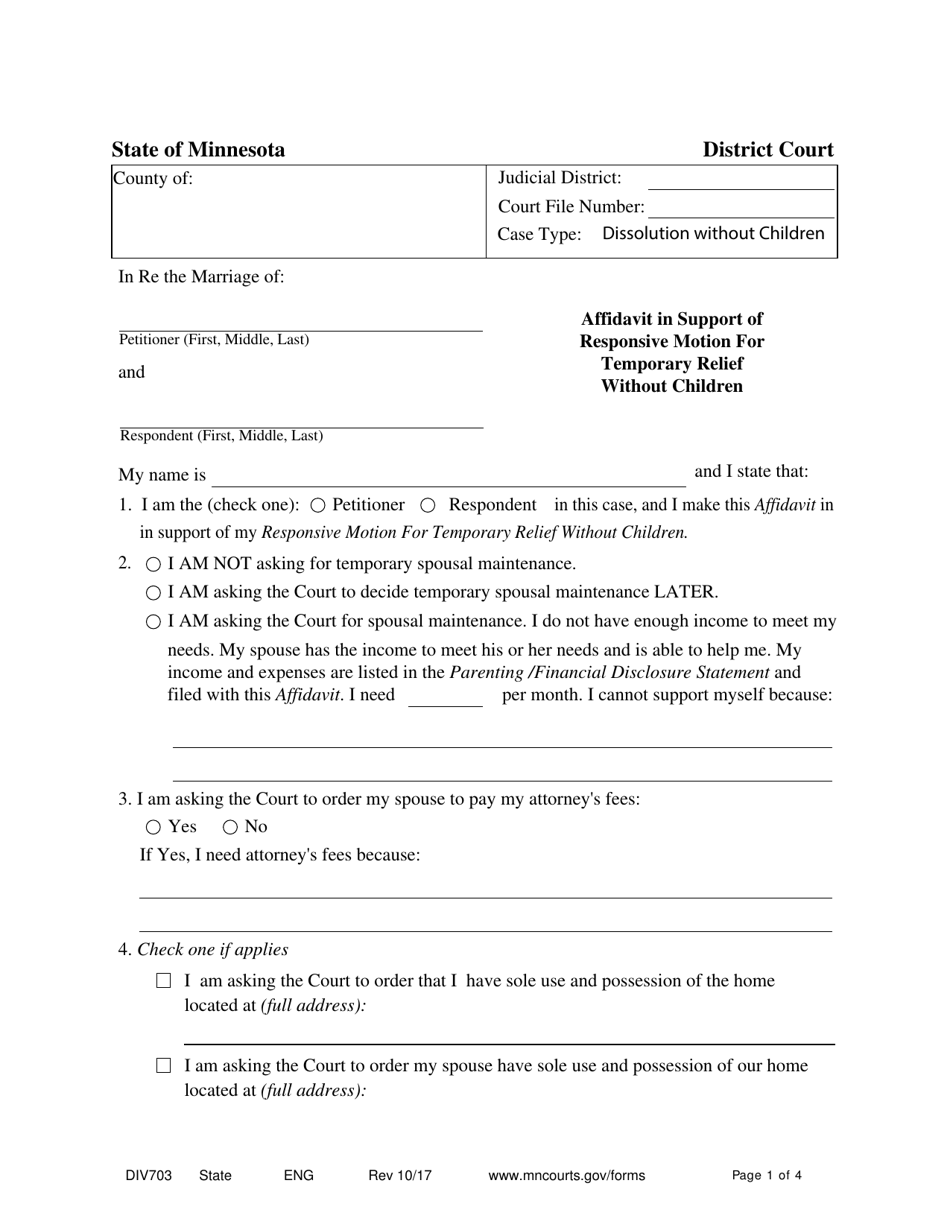 Form DIV703 Affidavit in Support of Responsive Motion for Temporary Relief Without Children - Minnesota, Page 1
