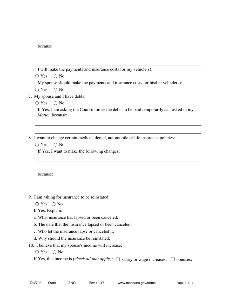 Form DIV703 Affidavit in Support of Responsive Motion for Temporary Relief Without Children - Minnesota, Page 3
