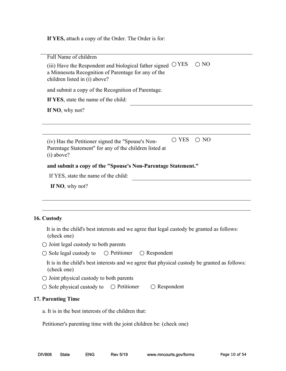 Form DIV806 Stipulated Findings of Fact, Conclusions of Law, Order for and Judgment, Judgment and Decree - Minnesota, Page 10