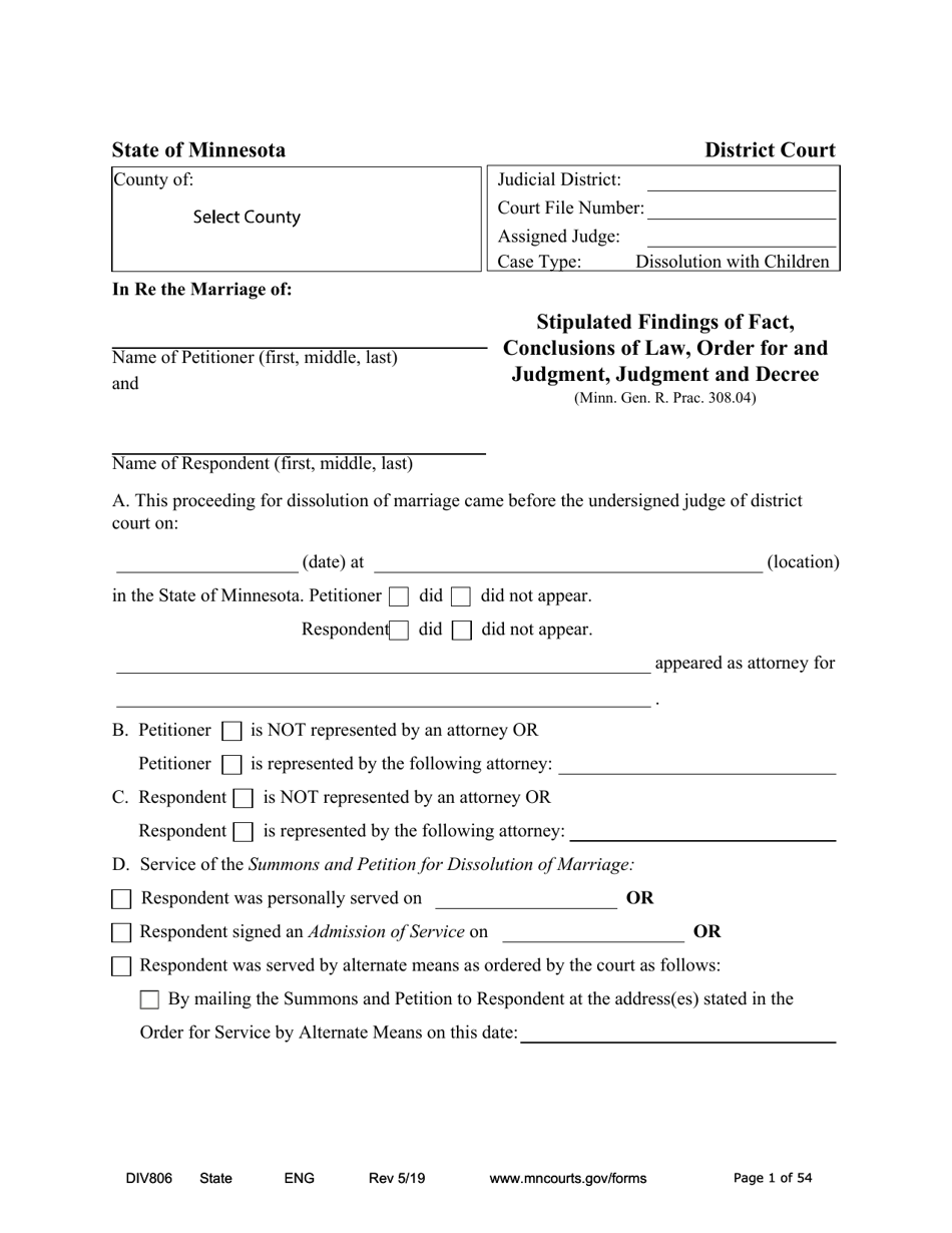 Form DIV806 Stipulated Findings of Fact, Conclusions of Law, Order for and Judgment, Judgment and Decree - Minnesota, Page 1