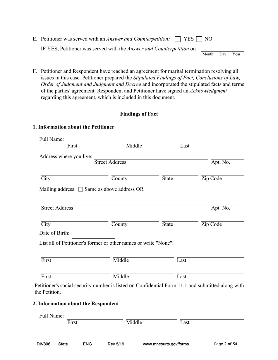 Form DIV806 Stipulated Findings of Fact, Conclusions of Law, Order for and Judgment, Judgment and Decree - Minnesota, Page 2