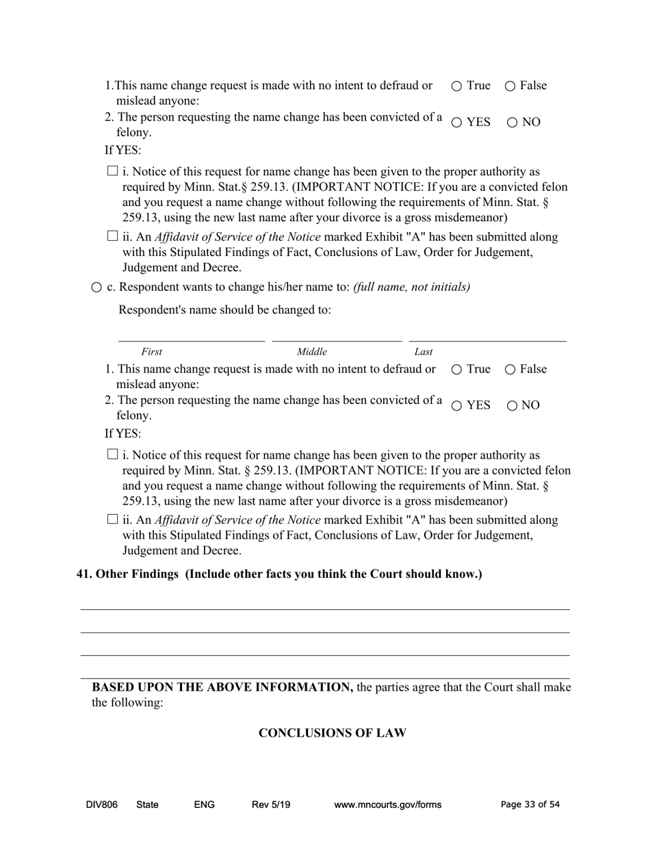 Form DIV806 Stipulated Findings of Fact, Conclusions of Law, Order for and Judgment, Judgment and Decree - Minnesota, Page 33