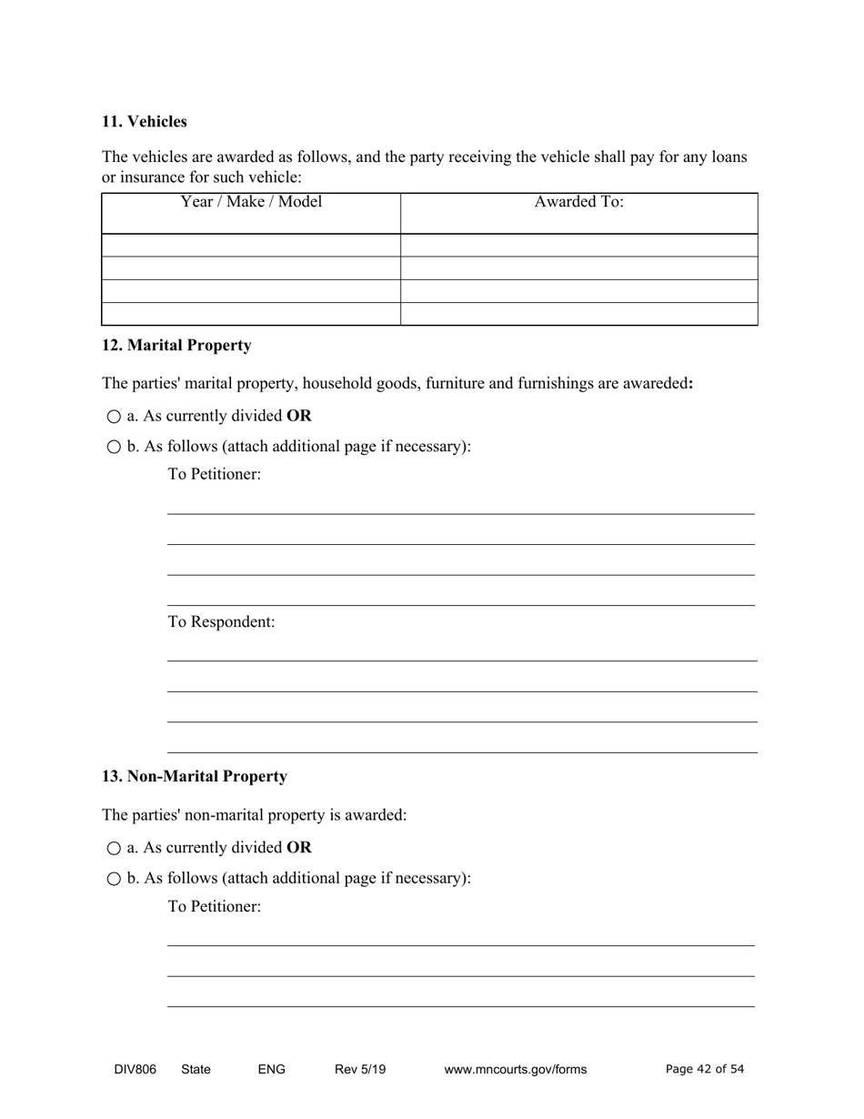 Form DIV806 Stipulated Findings of Fact, Conclusions of Law, Order for and Judgment, Judgment and Decree - Minnesota, Page 42