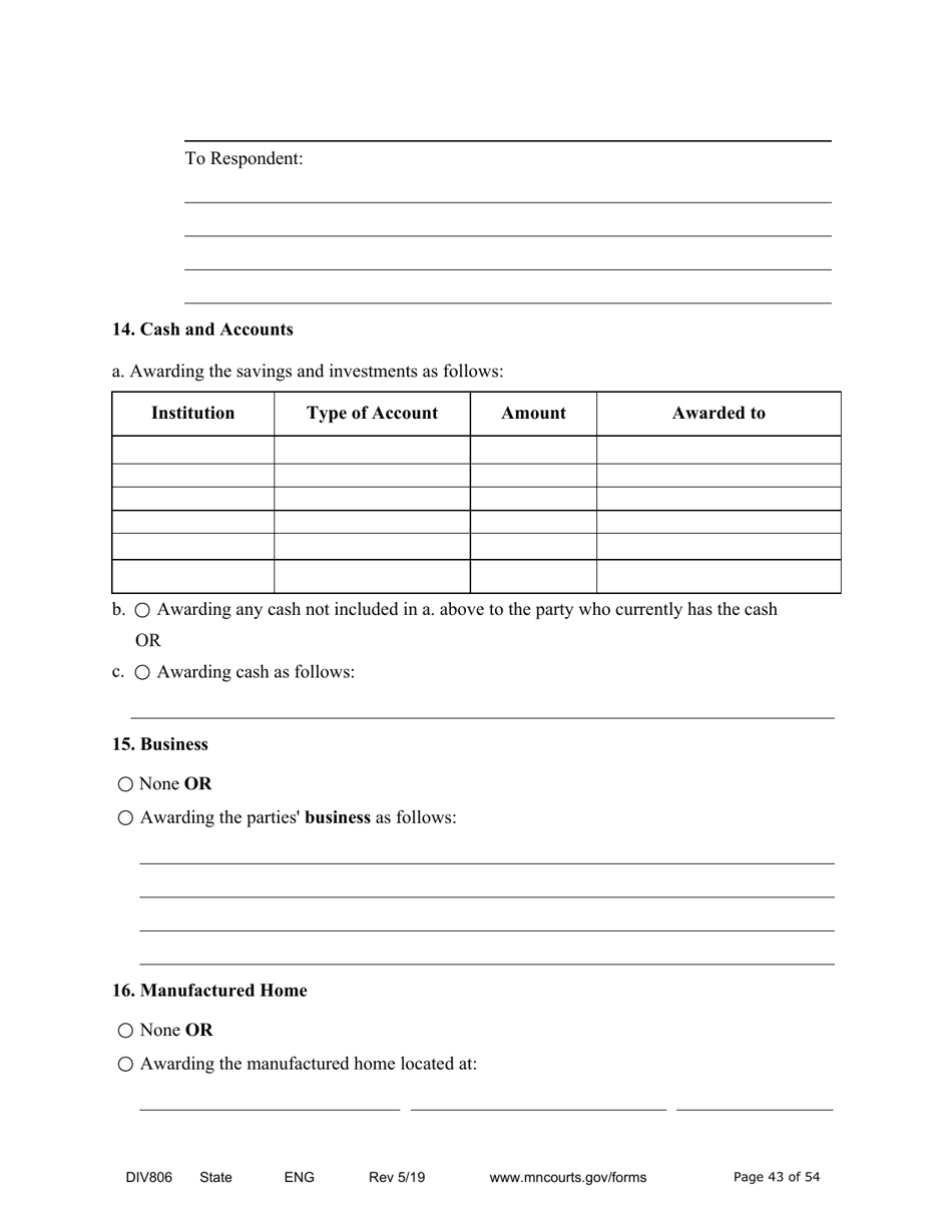 Form DIV806 Stipulated Findings of Fact, Conclusions of Law, Order for and Judgment, Judgment and Decree - Minnesota, Page 43