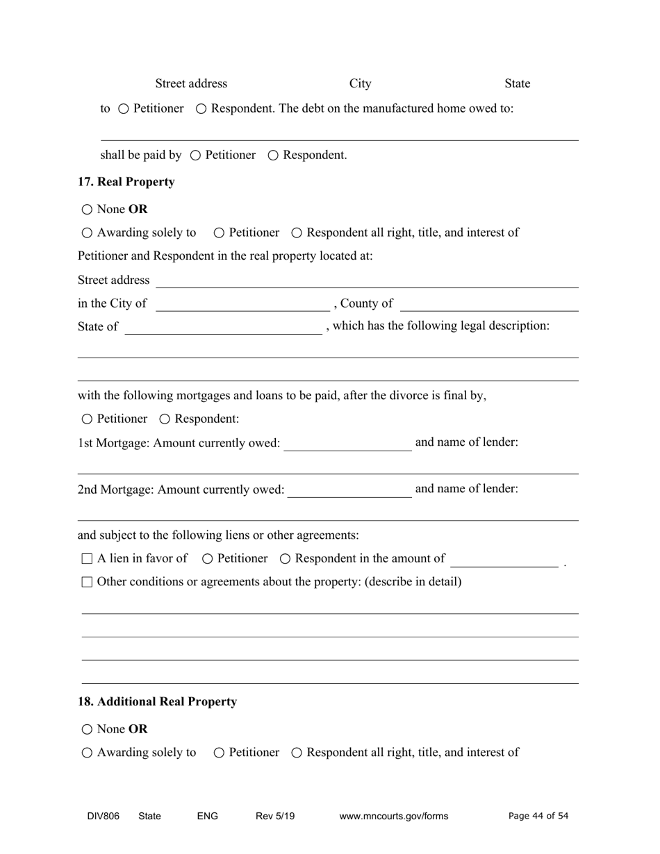 Form DIV806 Stipulated Findings of Fact, Conclusions of Law, Order for and Judgment, Judgment and Decree - Minnesota, Page 44