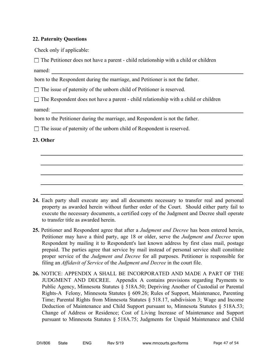 Form DIV806 Stipulated Findings of Fact, Conclusions of Law, Order for and Judgment, Judgment and Decree - Minnesota, Page 47