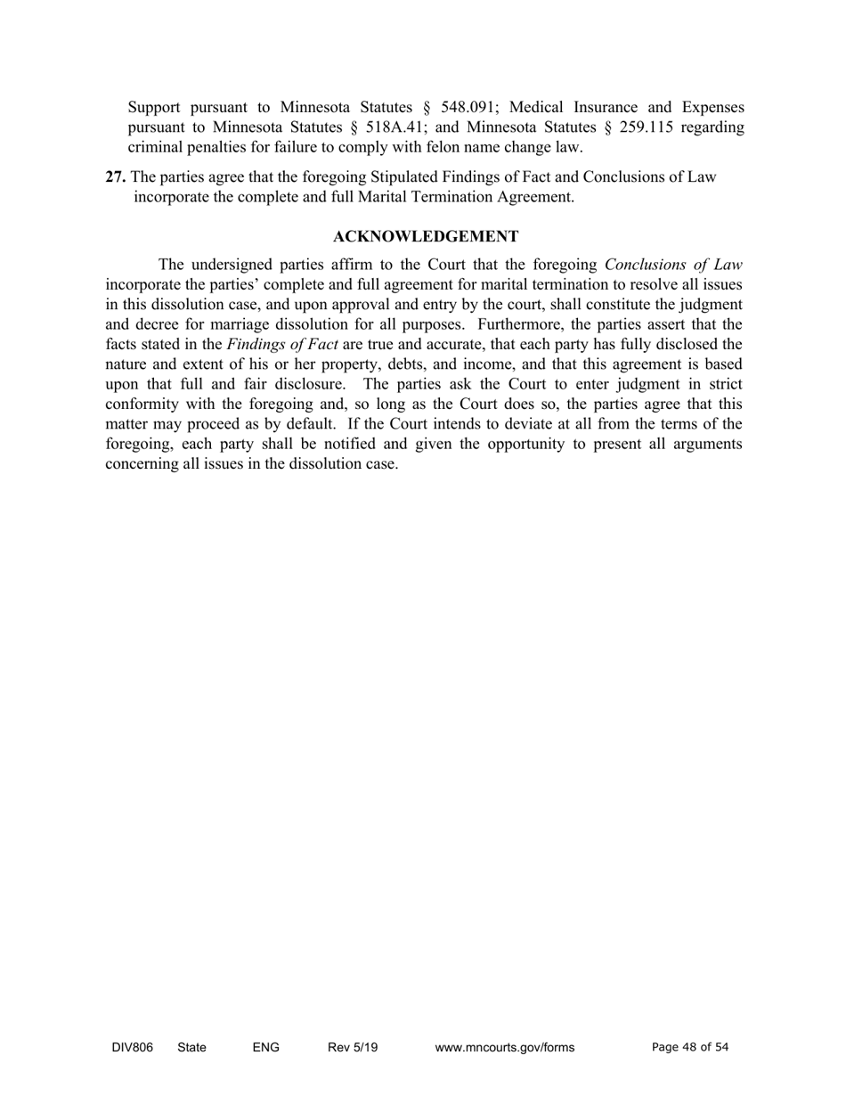 Form DIV806 Stipulated Findings of Fact, Conclusions of Law, Order for and Judgment, Judgment and Decree - Minnesota, Page 48