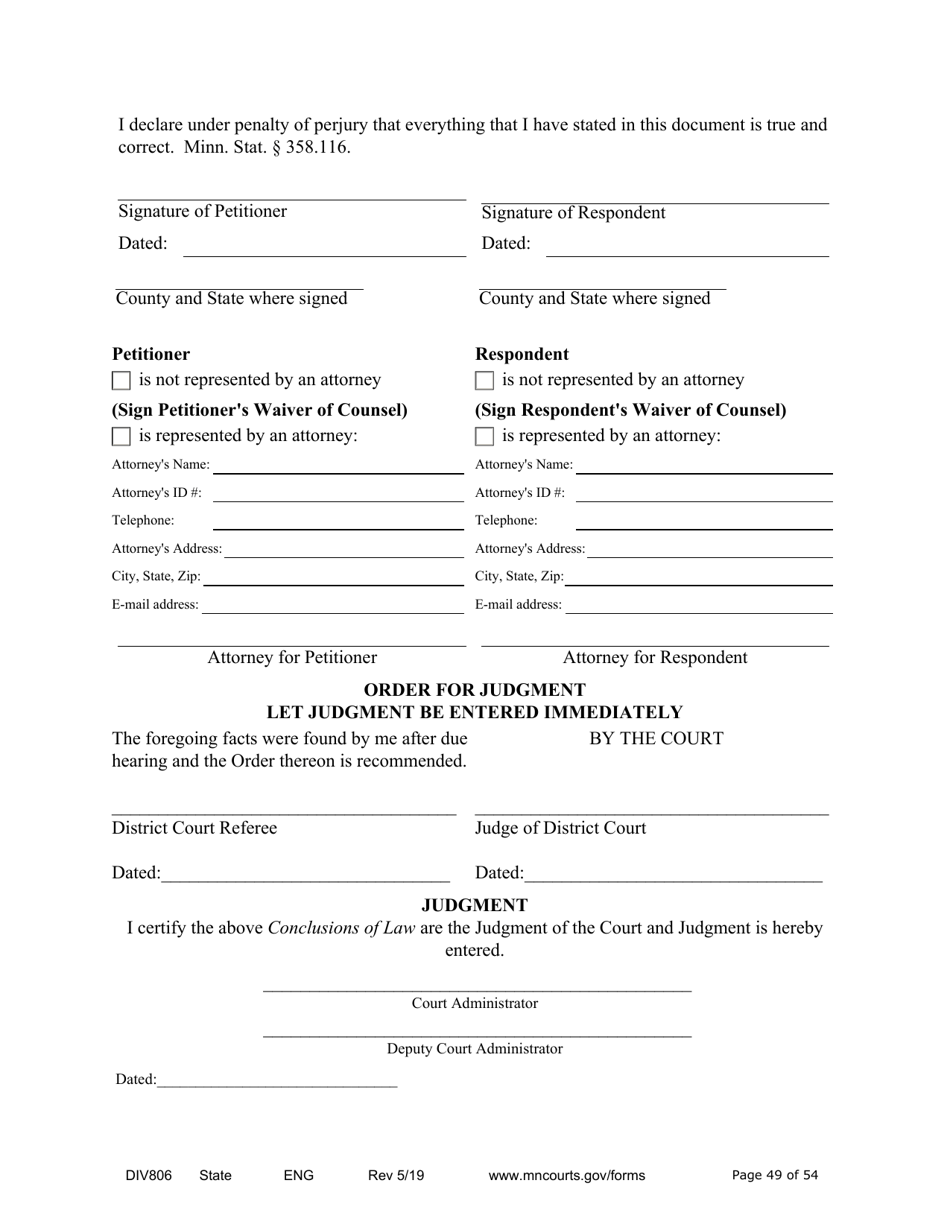 Form DIV806 Stipulated Findings of Fact, Conclusions of Law, Order for and Judgment, Judgment and Decree - Minnesota, Page 49