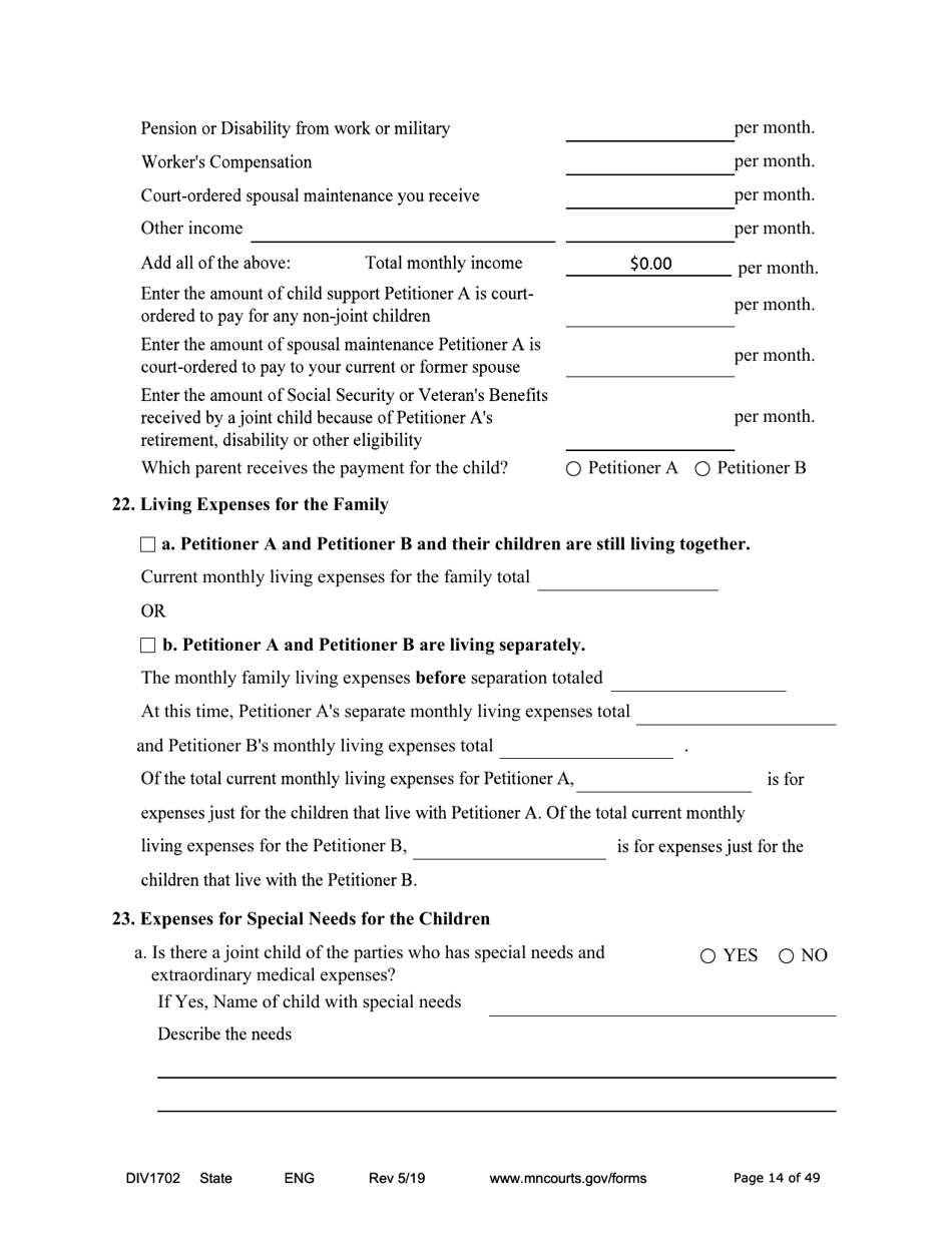 Form DIV1702 Joint Petition, Agreement, and Judgment and Decree for Marriage Dissolution With Children - Minnesota, Page 14