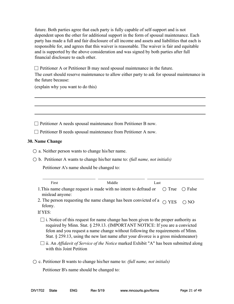 Form DIV1702 Joint Petition, Agreement, and Judgment and Decree for Marriage Dissolution With Children - Minnesota, Page 21