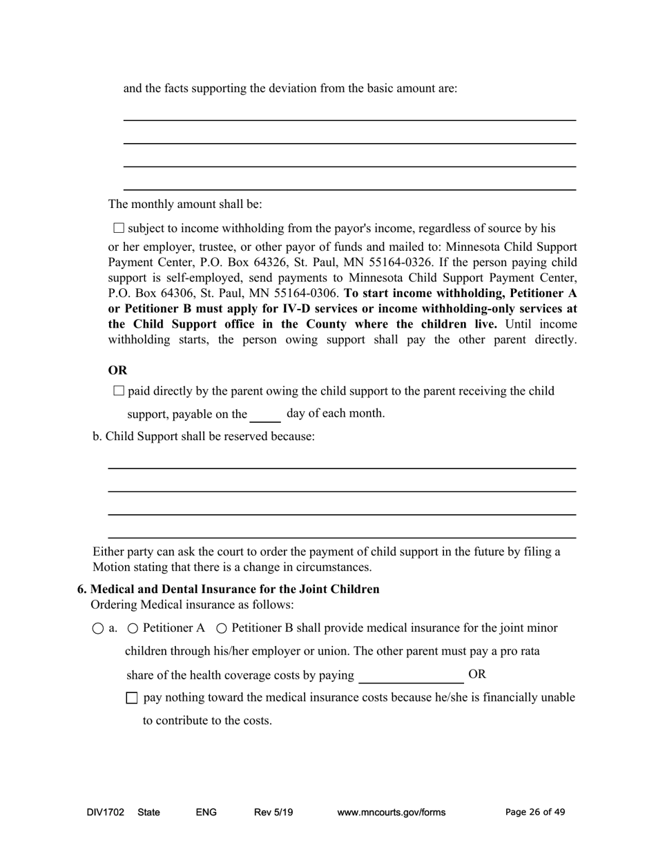 Form DIV1702 Joint Petition, Agreement, and Judgment and Decree for Marriage Dissolution With Children - Minnesota, Page 26