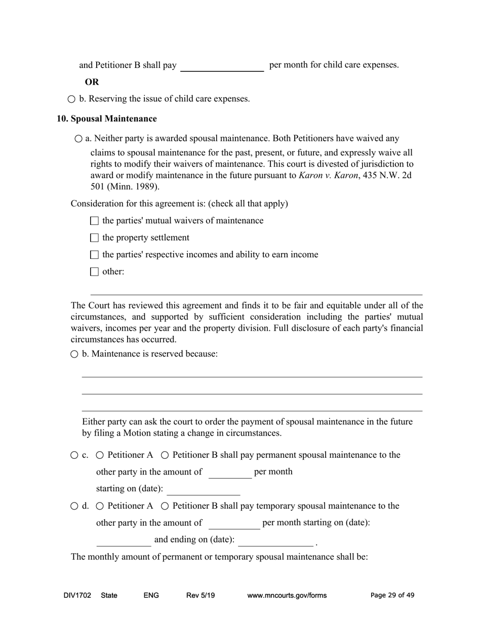 Form DIV1702 Joint Petition, Agreement, and Judgment and Decree for Marriage Dissolution With Children - Minnesota, Page 29