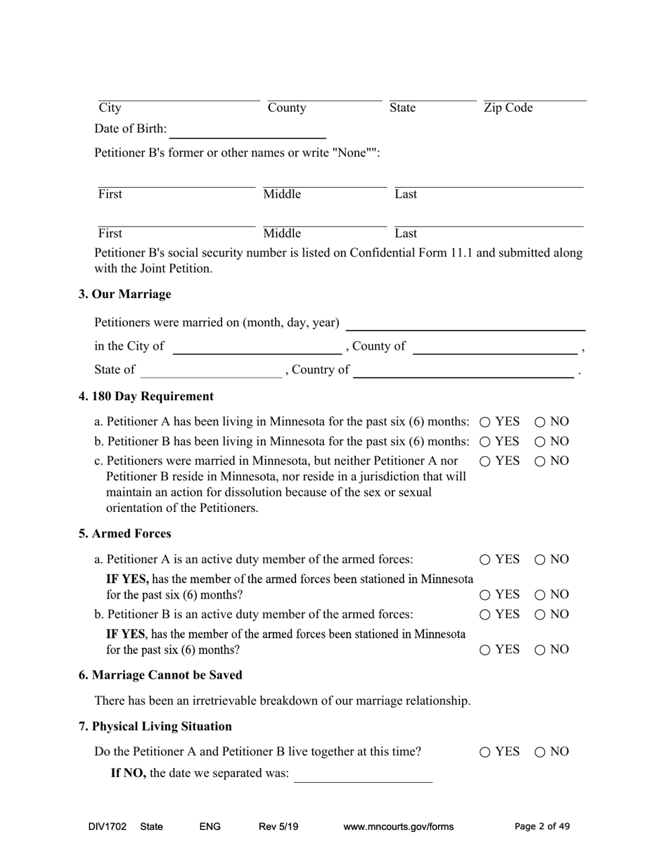 Form DIV1702 Joint Petition, Agreement, and Judgment and Decree for Marriage Dissolution With Children - Minnesota, Page 2