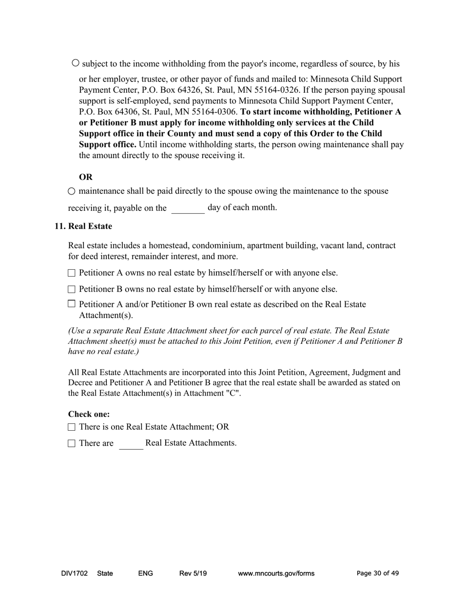 Form DIV1702 Joint Petition, Agreement, and Judgment and Decree for Marriage Dissolution With Children - Minnesota, Page 30