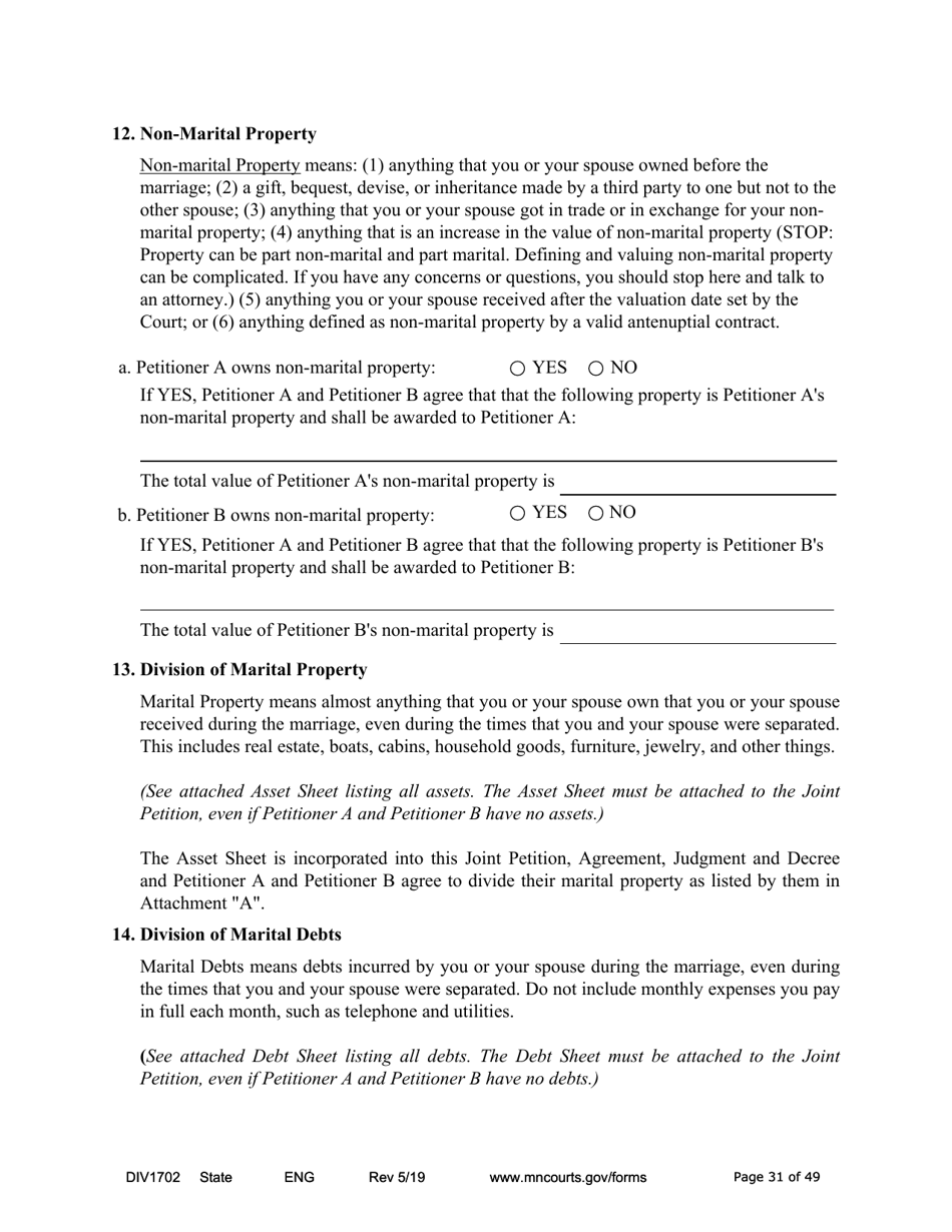 Form DIV1702 Joint Petition, Agreement, and Judgment and Decree for Marriage Dissolution With Children - Minnesota, Page 31