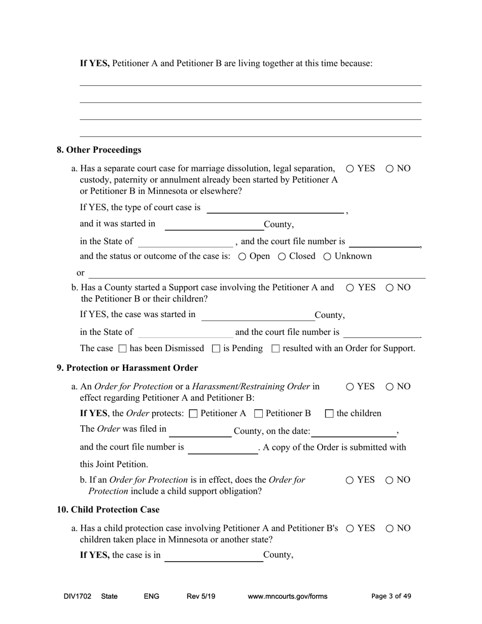 Form DIV1702 Joint Petition, Agreement, and Judgment and Decree for Marriage Dissolution With Children - Minnesota, Page 3