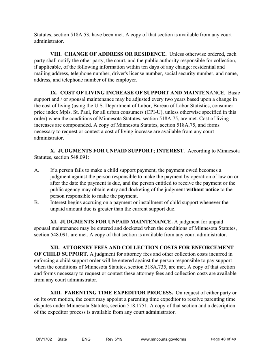 Form DIV1702 Joint Petition, Agreement, and Judgment and Decree for Marriage Dissolution With Children - Minnesota, Page 48