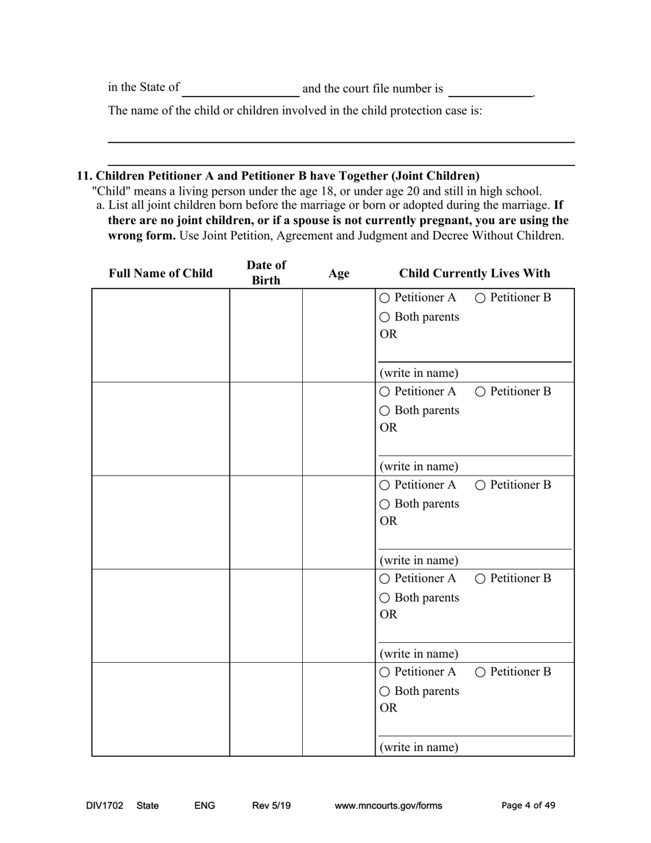 Form DIV1702 Joint Petition, Agreement, and Judgment and Decree for Marriage Dissolution With Children - Minnesota, Page 4