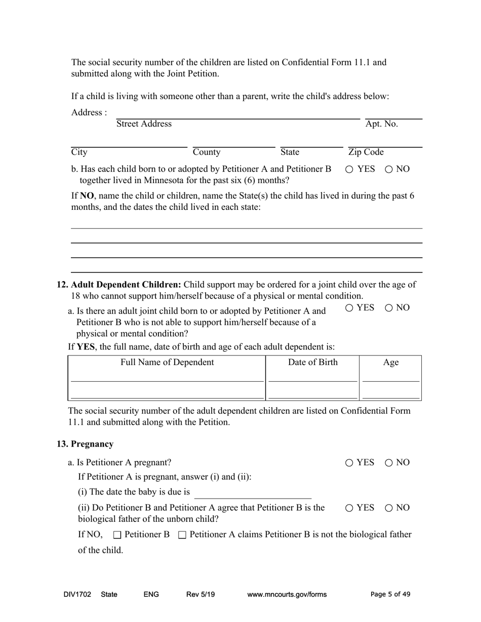 Form DIV1702 Joint Petition, Agreement, and Judgment and Decree for Marriage Dissolution With Children - Minnesota, Page 5