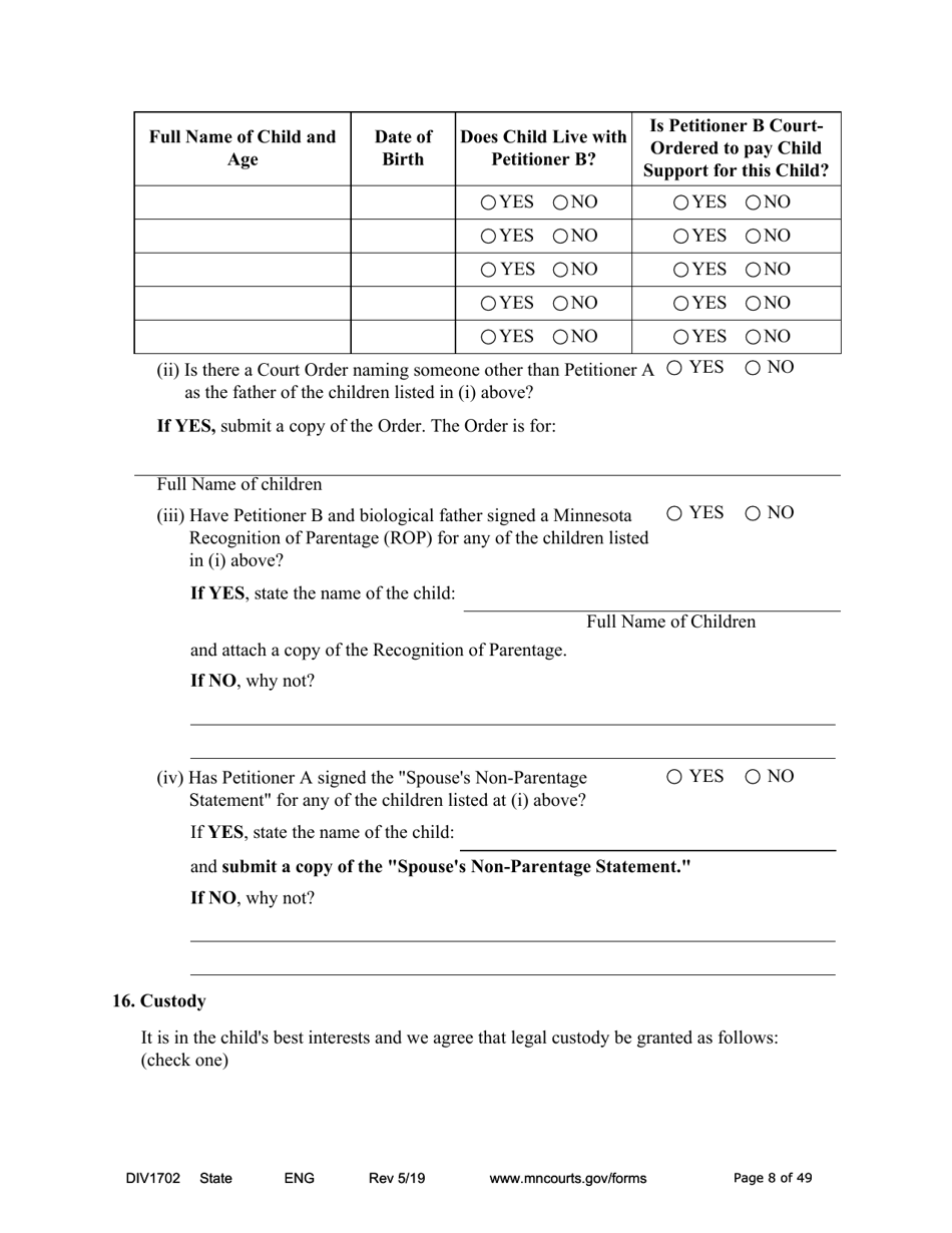 Form DIV1702 Joint Petition, Agreement, and Judgment and Decree for Marriage Dissolution With Children - Minnesota, Page 8