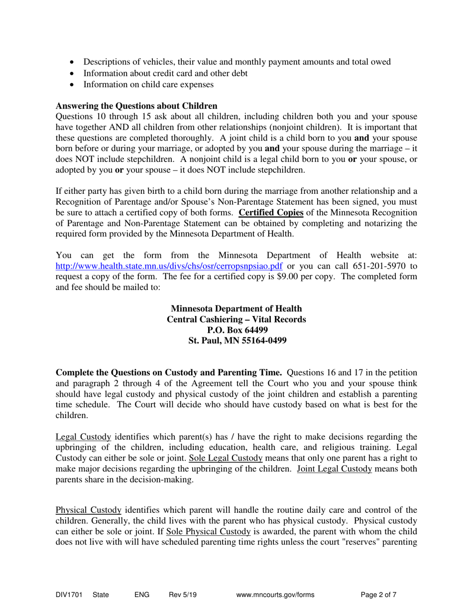 Instructions for Form DIV1702 Joint Petition for Marriage Dissolution With Children - Minnesota, Page 2