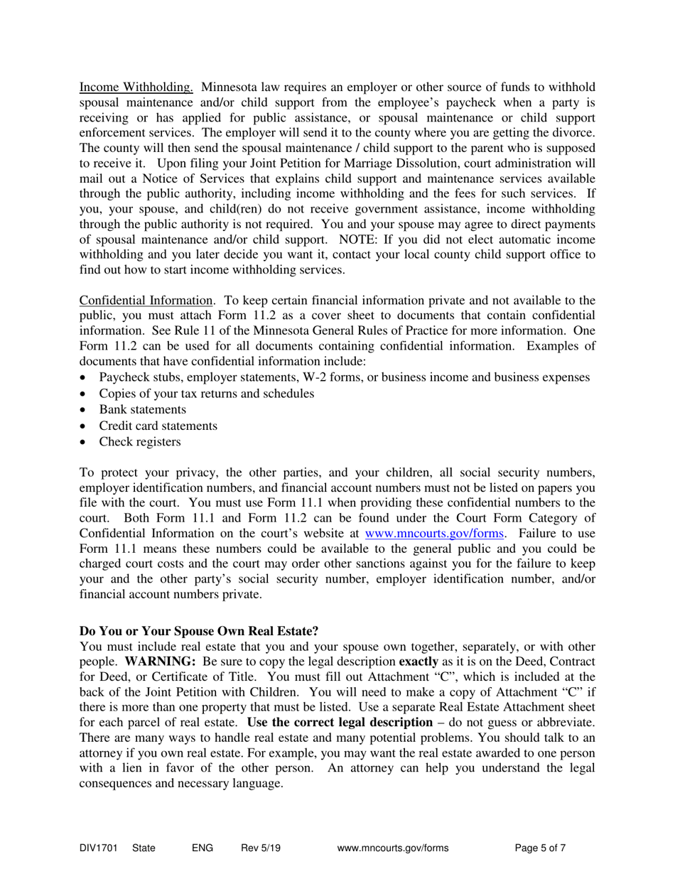 Instructions for Form DIV1702 Joint Petition for Marriage Dissolution With Children - Minnesota, Page 5