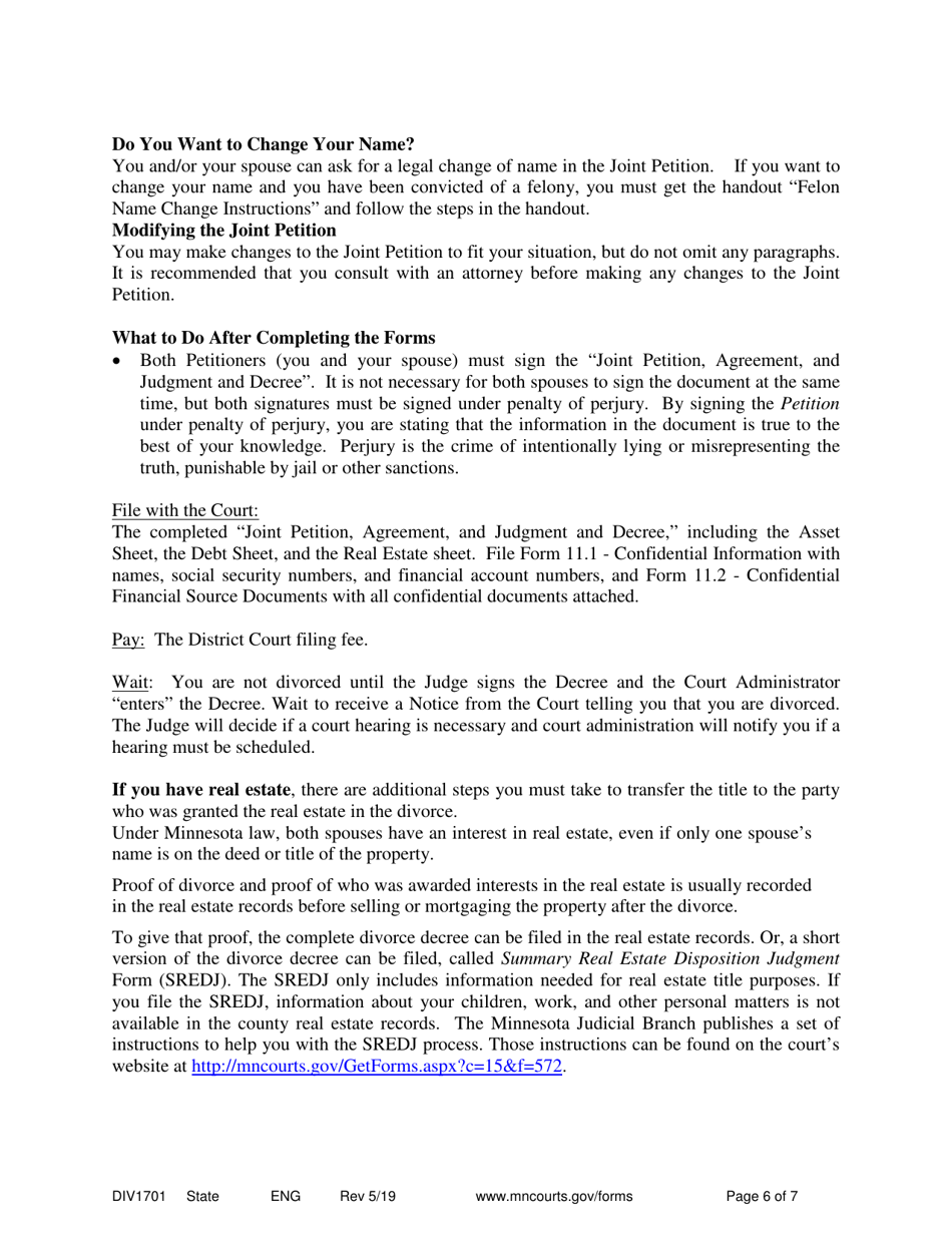 Instructions for Form DIV1702 Joint Petition for Marriage Dissolution With Children - Minnesota, Page 6