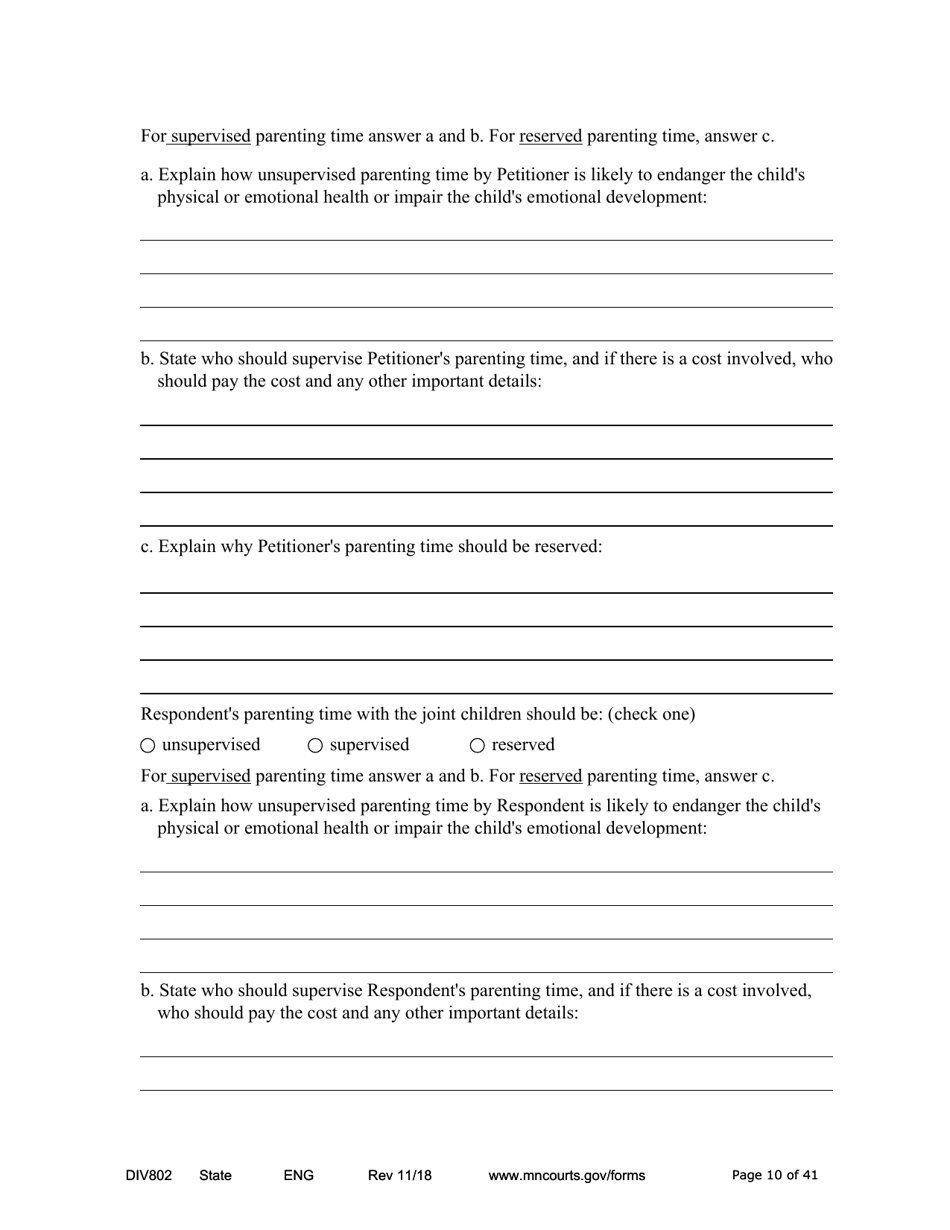 Form DIV802 Petition for Dissolution of Marriage With Children - Minnesota, Page 10