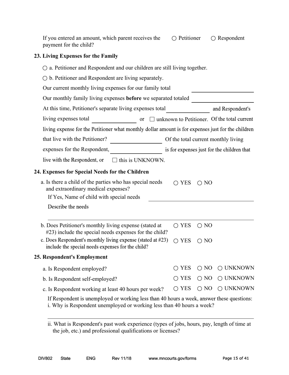 Form DIV802 Petition for Dissolution of Marriage With Children - Minnesota, Page 15
