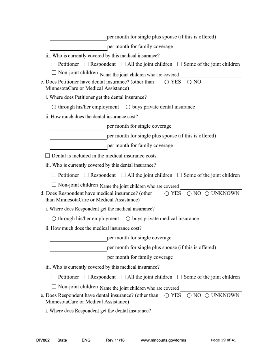 Form DIV802 Petition for Dissolution of Marriage With Children - Minnesota, Page 19